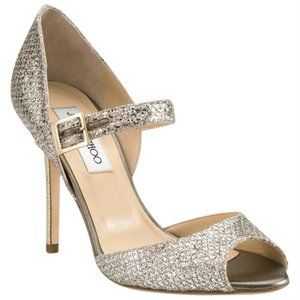Jimmy Choo Champagne Silver Lace Mary Jane Glitter Pumps Sandals shoes 38